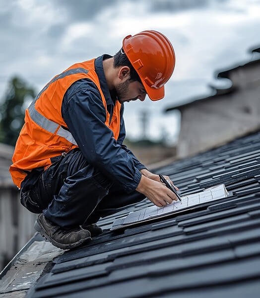Roofer in an orange hard hat repairing roof tiles in Preston